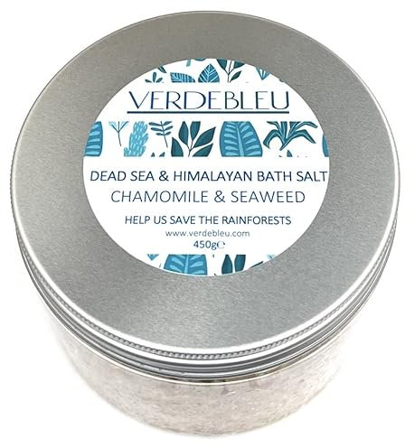 100% Naturale SALE DELL' HIMALAYA E DEL MAR MORTO per il BAGNO - CAMOMILLA & ALGHE - 450 g di VERDEBLEU. Con Oli per Idratare la Pelle. Doniamo il 5% dei Profitti per Salvare le Foreste Pluviali.