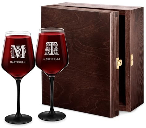 Maverton 2 Calici da vino Rubino - incisione personalizzata - 300 ml - con gambo nero - pensiero speciale per nozze - adatti per vino secco e dolce - unici per coppia - regalo di Natale - art decò