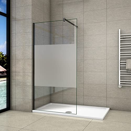 Walk In Doccia 120x200cm Vetro 8mm Striscia Satinata/Opaca Barra 90cm | ANTI FRANTUMI, Anticalcare, Vetro Temperato, Telaio Nero Opaco