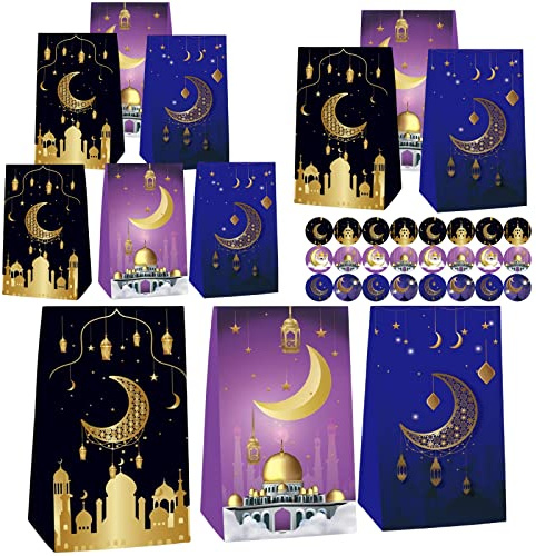 Eid Mubarak Geschenktüten, 12 Stücke Ramadan Papiertüten, Taschen Tüten mit 24 Aufkleber, Eid Mubarak Favor Taschen, Ramadan Candy Tasche, Geschenkverpackung für Eid Mubarak Party