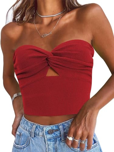 EFAN, Camiseta de Tubo sin Tirantes con Nudo Torcido Delantero para Mujer, Bandeau de Tipo corsé, de Punto Acanalado, Rojo -, M