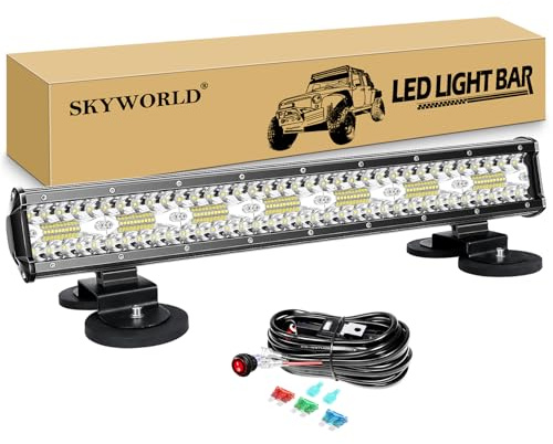 SKYWORLD 8D Dreireihige Led Lichtbalken Auto, 20 Zoll 50 cm 420W | Offroad Beleuchtung Led Bar mit 12V Kabelbaum Kit und Magnet Halterung für SUV ATV UTV LKW KFZ 4x4, Fahrzeuge, 6000K Weiß