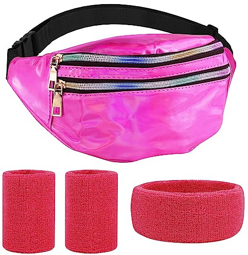 Eurtes Accessori anni '80, confezione da 4 pezzi anni '80, abbigliamento sportivo anni '90 anni '80, fascia per il sudore e marsupio impermeabile, Colore: rosa., M