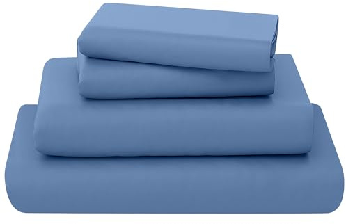 KOHSAR Mid Blue Double Bed Sheet Set - 4 Pieces Poly Cotton Sheet Set Double Size Soft Wrinkle Resistant Bedding Set - Flat Sheet + Fitted Sheet + 2 Pillowcases