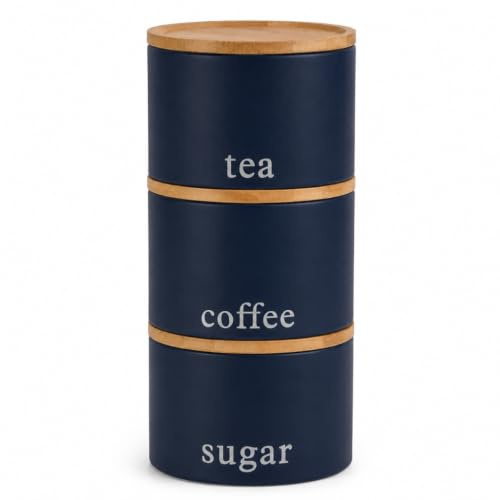 EHC Tea, Coffee, Sugar, Canister Set, Set of 3 Stackable Airtight Food Storage Easy to Open Storage Canisters Jars Tin, Navy Blue