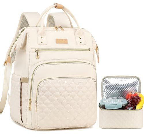 AIJIEKE Lunchryggsäck för kvinnor, 15,6 tum laptopväska med isolerad lunchlåda, 2-i-1 arbete datorryggsäck för sjuksköterska lärare, BEIgE, 12.2 x 9.2 x 17.2 inches (Backpack), 10.6 x 6.8 x 5.6 inches