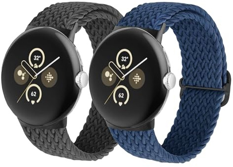 2 Stück Geflochtenes Nylon Armband für Google Pixel Watch 2/1，Verstellbare Elastisch Uhrenarmbänder Soprt Atmungsaktives Ersatzband für Google Pixel Watch 1/Pixel Watch 2 Armbänder,Schwarz/Aquamarin
