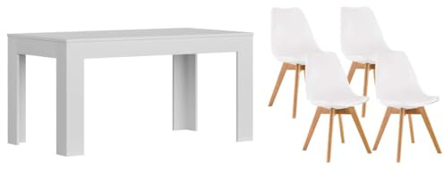 IBERA HOME Pack Mesa de Comedor/Cocina 138x80 cm + 4 Sillas Estilo Nórdico - Conjunto Elegante y Moderno para Hogar (Mesa Blanca - Sillas Blancas)