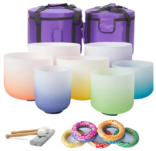 Frosted Chakra-Quarzkristall-Klangschalen, 8–14 Zoll, Set Mit 7 Stück, 432-Hz-Klangschalen-Schlaginstrument, Mit Handtasche, Stoffunterlage Und Klangschalenhammer, Für Klangheilung Und Yoga-Meditation