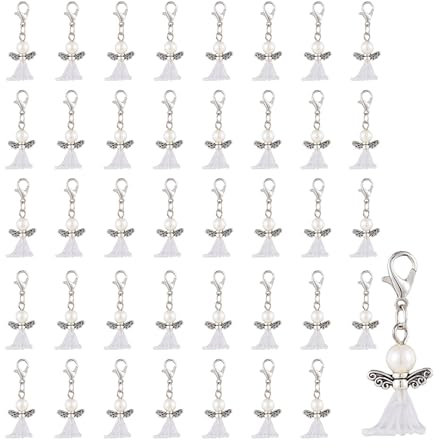 TUKEVA 40 Pcs Ange cadeau bapteme pendentif Porte-clés Ange Gardien Pendentif Perle Ange Porte-clés Pendentifs Pendant Perles pour fêtes,porte-clés personnalisés,mariages,décorations bricolage (Blanc)