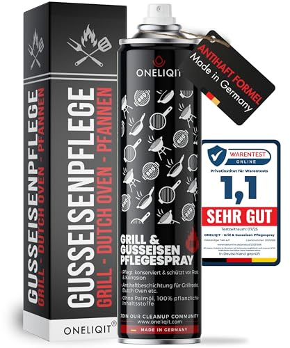 ONELIQIT® Grill & Gusseisen Pflegespray 400ml, Grill Spray mit Antihaftfunktion verhindert Anhaften des Grillguts, Non Stick Spray für die Pflege von Grillrost, Dutch Oven, Pfannen
