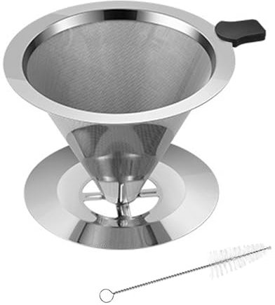 Omevett Stainless Steel Coffee Filter Pour Over Coffee Dripper Reusable Coffee Filter Cup Paperless Double Fine Mesh Coffee Filter with Holders and Cleaning Brush for Manual Coffee Maker 1-4 Cups