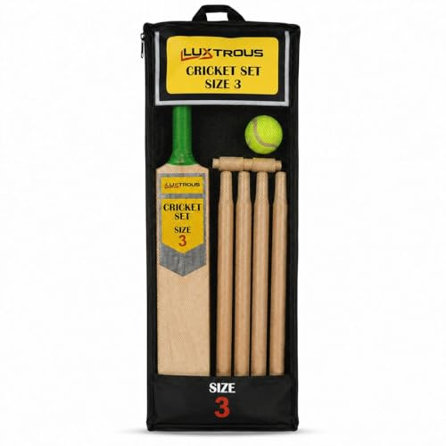 LUXTROUS Cricket Set, Wooden Bat with Rubber Grip, 4 Stumps, Ball & Bails, Complete Outdoor Cricket Training Kit with Mesh Carry Bag for Beginner Practice & Garden Play (8-12 Year, Size 3)