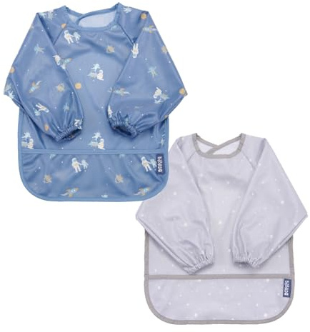 BIBaDO Mess Proof Baby Bib, 2 Pack Long Sleeve Bib, 6 month - 3 Years, Waterproof Bibs for Toddlers, Machine Washable Baby Feeding Gift Sets (Astro & Stars)