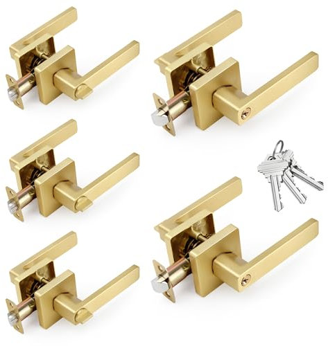LOQRON Türhebel für Eingangstür, gleichschließend, quadratisch, gebürstetes Gold, strapazierfähig, mit Schlüssel für Eingangstür, wendbarer Türgriff für Rechts- und Linkshänder, satiniertes Messing, 5