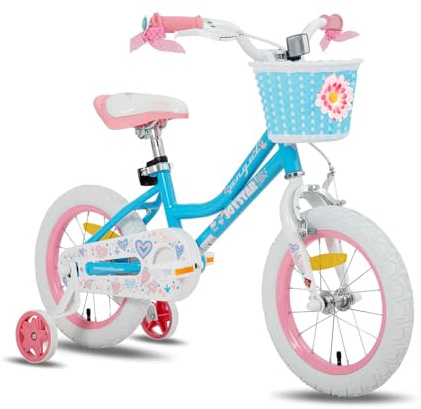 JOYSTAR 14 tums barncykel för 3–5 år gamla flickor, 14 tums flickcykel med stödhjul och korg, blå