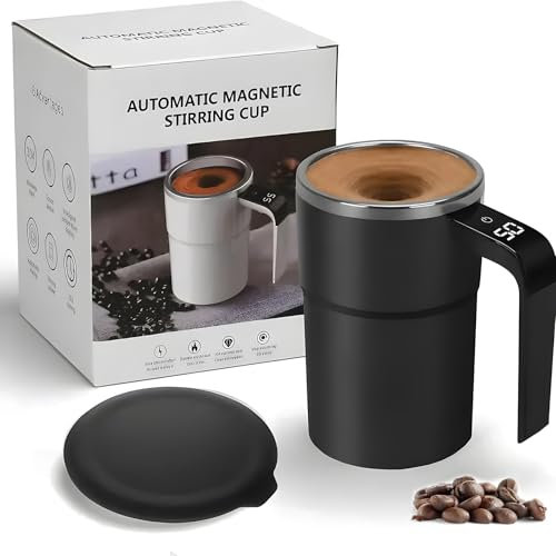 ADKBO Electric Magnetic Self Stirring Coffee Mug with Lid, Automatic Magnetic Stirring Cup with Digital Display, Rechargeable Self-Mixing Coffee Mug for Coffee, Tea, Hot Chocolate (Black)