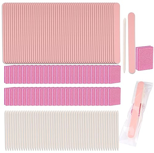 50 Sets Nagelfeile und Nagelpuffer, mit Mini-Nagelpolierer, Nagelfeilen, Holzstäbchen, 50 Stück OPP-Taschen, Nagelwerkzeug-Kit für Salon und Zuhause (Rosa)
