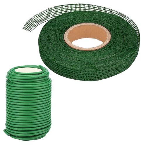 Dewocke Pflanzenbinder, 3cmx50m Pflanzenband Polyethylen und 20m Bindedraht Gummiert, Dicke Pflanzendraht Gummiert, Baumbinder Grün,Bindeband für Garten Outdoor Fixieren und Binden von Bäumen Pflanzen