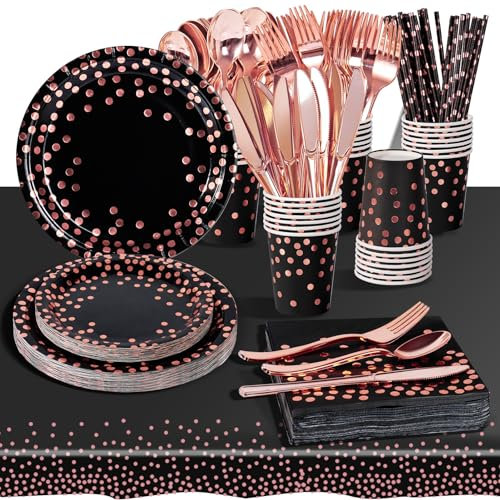 AIPartywar Party Tableware Set, Kids Birthday Party Supplies 226 Piece Black Rosegold Black Paper Plates Set Party Plates Cups Napkins Dinnerware for Babyshower Engagement Wedding Birthday- 25 Guests