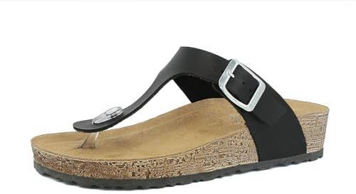 inblu Femme Ciabatte Infradito Donna Colorate Con Fibbia Regolabile, Plantare in Vera Pelle Imbottito E Tacco Rialzato Multiprise, Noir, 38 EU