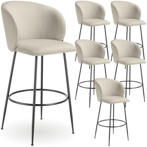 tectake® Taburete Alto con Respaldo Acolchado, Silla Alta de Cocina con Reposapiés, Banqueta con Patas de Acero y Topes Antideslizantes, Silla de Bar, Taburete de Cocina - 6 sillas Crema/Negro