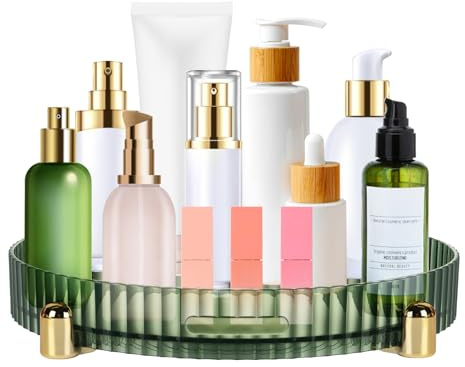 Goldmeet Makeup Organiser, Round Rotatable Bathroom organiser, Green Decorative Dresser Tray, Perfume Jewelry Holder, Cosmetics Organiser, Versatile Accessories for Bathroom Restroom Kitchen