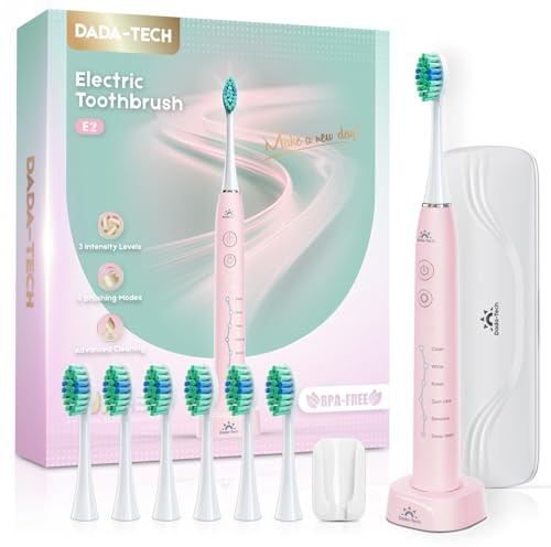 Cepillo dental eléctrico para adultos y niños, recargable, sonoro, con estuche de viaje, soporte y 7 cabezales, 6 modos y 3 intensidades, temporizador de 2 minutos (Rosa)