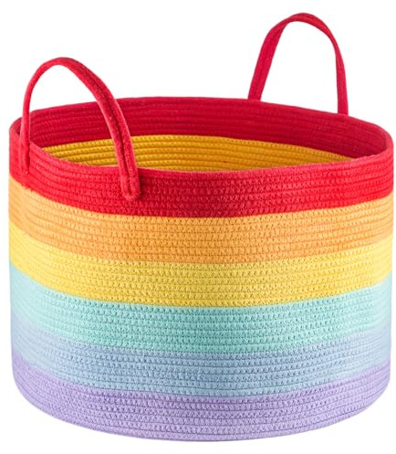Youyijia Geflochtener Wäschekorb Aufbewahrungskorb 50x50x33cm Wäschekörbe Wohnzimmer Kinderzimmer für Decken, Spielzeug, Kleidung, Faltbar & Stabil (Regenbogenrot)
