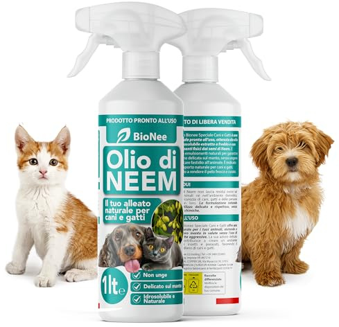 Olio di Neem per Cani e Gatti Spray – Idrosolubile, Naturale, Non Unge – Azione Delicata, Effetto Barriera Sgradito a Zecche Pulci Zanzare Insetti (1 litro)