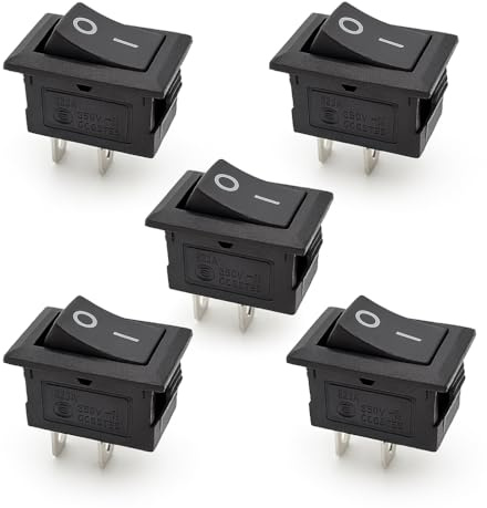PintoHardware 5 x Mini Interrupteurs à Bascule Carrés Noirs, 15x21mm 2 Broches, 10 A 125 VAC/6 A 250 VAC/20 A 12 VDC, ON-OFF, pour appareils ménagers et équipements électroniques