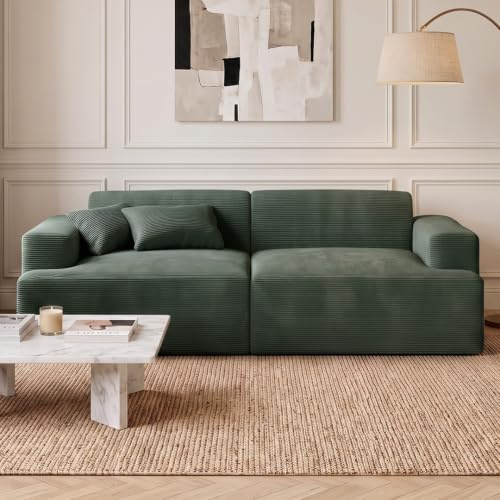 skølm Freki Cloud Couch aus Cord, 2-Sitzer Dunkelgrün, 2 Kissen, Sofa | Sofagarnitur, Vollschaumcouch mit Federkern & Vakuum-Kompression, 230 cm breit, kein Aufbau erforderlich, Wohnzimmersofa