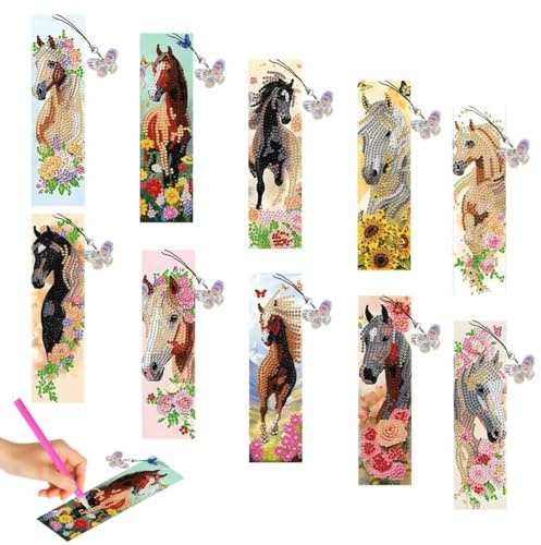 ARTGUTS 10 Stück Diamond Painting Lesezeichen Pferd, 5D Diamant Malerei Lesezeichen mit Anhänger, DIY Spielzeug Geschenke für Kinder, ideal für kreative Handarbeit mit der ganzen Familie