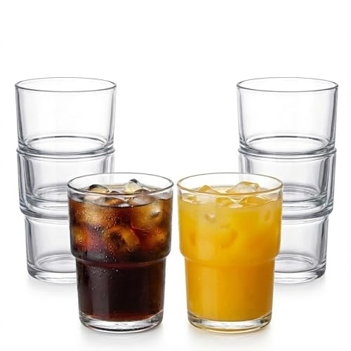 BenRain Stackable Drinking Glasses (Set of 6) – 13oz Clear Glass Cups for Iced Coffee, Juice & Beer – Modern Space Saving Highball Tumblers with Smart Non-Stick Design – Heavy Base & Dishwasher Safe