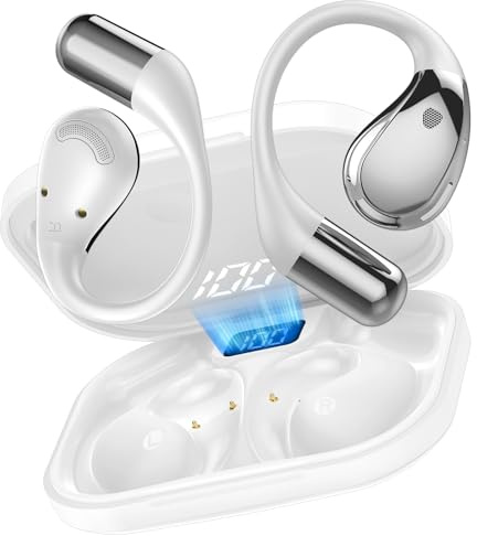 Auriculares inalambricos Deportivos, Llamada ENC HD, 40H Auriculares Oreja Abierta con Gancho, Cascos lnalámbricos Bluetooth V6.0 Hi-Fi Estéreo, IPX7 Impermeable Auriculares para Sport/Running, Blanco