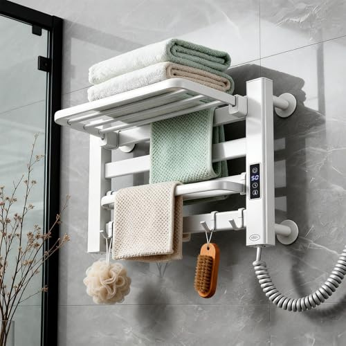 HRSMTY Radiador Toallero Eléctrico Bajo Consumo 90 W Calentador de Toallas Eléctrico con 4 Barras Toallero Eléctrico de Pared para Baño con Temporizador y Pantalla LED Temperatura Ajustables