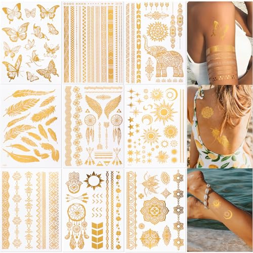 Gold Temporäre Tattoos 130+ Motive, Glitzer Festival Tattoos, Wasserfest Langlebig Klebetattoos Erwachsene Tattoo für Karneval Partys Strand Zum Aufkleben
