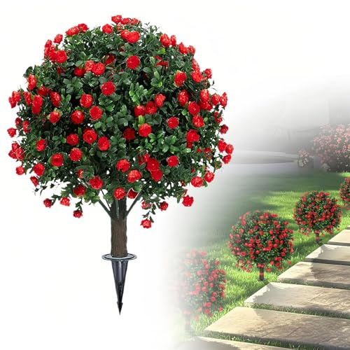 Konstgjorda buxbom, figurklippta kulträd med röda blommor, UV-resistenta konstgröna buskar för trädgård, gård och veranda dekor