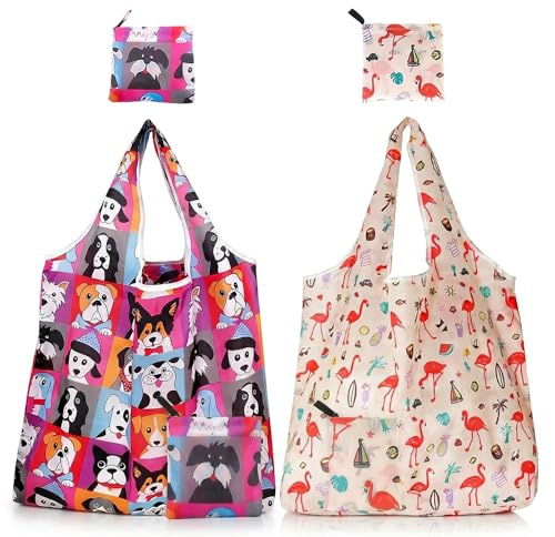 MonoKeriiy 2PCS Reusable Foldable Shopping Bags, Large Grocery Tote Carriers with Attached Storage Pouch, Lightweight Water-Resistant Fabric, Heavy Duty Handles for Travel & Everyday Use