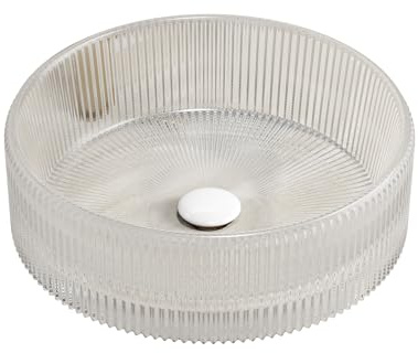 Generisch Lavabo redondo de cristal de 36 cm, cuenco transparente sin grifo con rayas artísticas, fácil de limpiar para encimera de baño