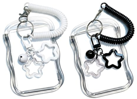2 Porte-Carte Porte-Clés - Durdiiy Étui PVC Cordon Élastique | 2 Porte-Carte Noir Et Blanc. Étui À Carte Transparent PVC Avec Cordon Élastique Et Grelot Étoile Pour Badge Clés Et Étudiant