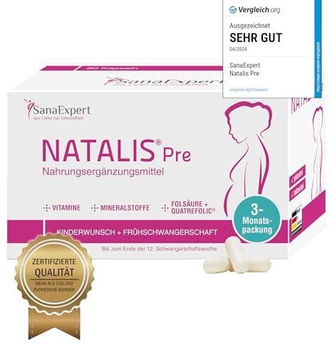 PACK 3| SanaExpert Natalis Pre | COMPLÉMENT ALIMENTAIRE POUR LA FERTILITÉ ET LA GROSSESSE | acide folique, Quatrefolic ,fer et vitamines (90 capsules).Vegan avec Ingrédients 100% naturels.
