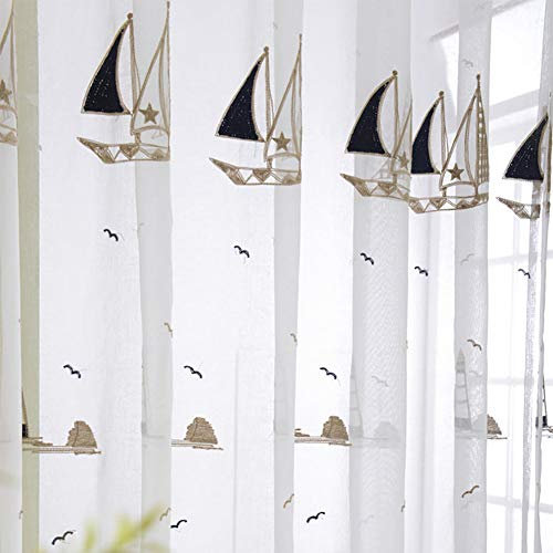 Lsimeru Kinder Vorhang Transparent Jungen Mädchen Segelboot Muster 140x225 Lang Voile Vorhäng Gardine Kräuselband Fensterschals Lichtdurchlässige Babyzimmer