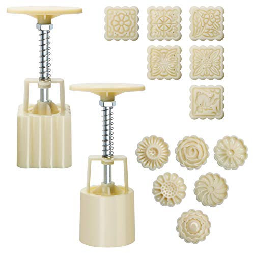Luxiv Moon Cake Mould 50g, 12 PCS Pattern Hand-Pressure Mooncake Molds for Mid-Autumn DIY Pastry Tool 2 Sets with 6pcs Round Flower Mooncake Mode and 6 Pcs Square Pattern Mooncake Mould (White, 50g)