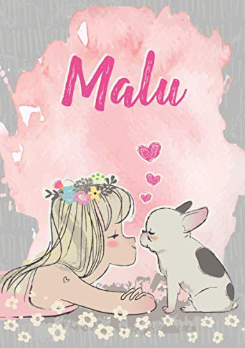 Malu: Notizbuch A5 | Personalisierter vorname Malu | Geburtstagsgeschenk für Frau Mutter Tochter Schwester | Nettes Mädchen mit Bulldogge | 120 Seiten liniert, Kleinformat A5 (14,8 x 21 cm)