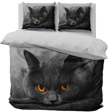 FEBE 3D Bettwäsche Katze Bettbezug-Set 135x200 + Kissenbezug 80x80 cm Wendebettwäsche 2 Teilig mit Reißveschluss