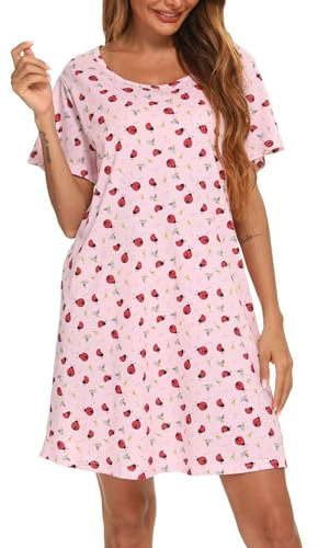 ENJOYNIGHT Camisón de Algodón de Manga Corta para Mujer Camiseta de Manga Corta Camisa de Noche Camisón de Verano Ropa de Noche (Medium,Mariquita Rosa)