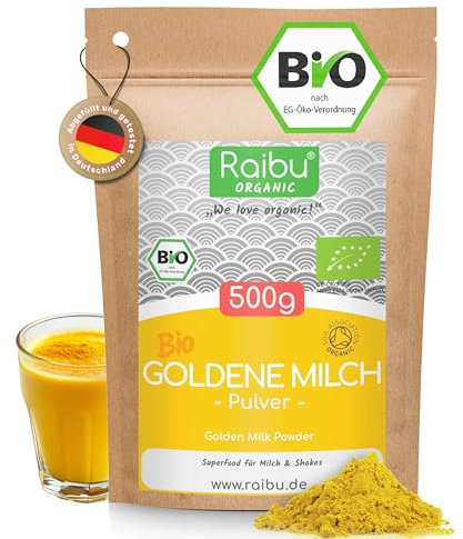 Goldene Milch Pulver BIO - 500g Golden Milk mit Kurkuma - Ashwagandha Kurkuma Latte Mix mit Zimt, Ingwer - Ayurveda Geschenke - Raibu Naturprodukte