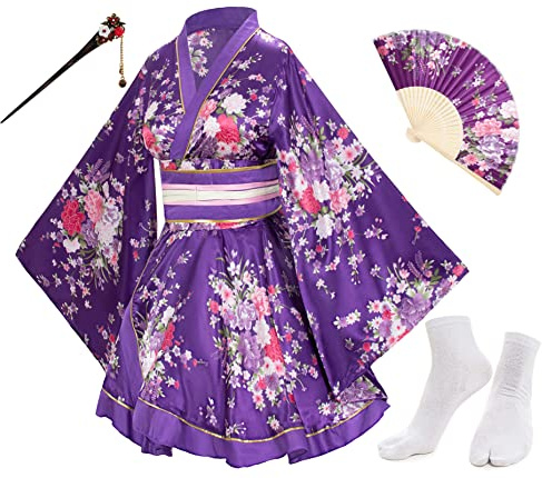 Japanese Anime Women's Dance Kimono Robe Fancy Dress Yukata Silk Folding Fans Tabi Hairstick Socks Set Purple Plus Size
