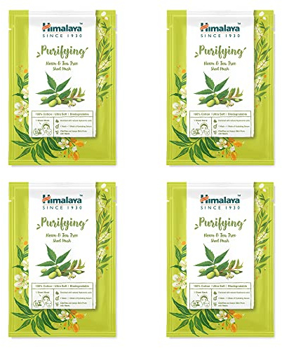 Himalaya Mascarilla purificadora de neem y árbol de té, mascarilla facial de algodón de un solo uso, antioxidante rico para piel clara y fresca, con ácido hialurónico para hidratación, 4 unidades